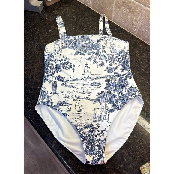 Vineyard Vines Women's Navy White One Piece Swimsuit Vineyard Toile NEW Size L - Picture 1 of 6
